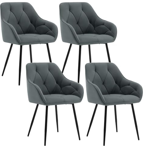 WOLTU Set of 4 Dining Chairs Kitchen Chairs Upholstered Living Room Chair with Backrest, Armrests, Metal Legs, Ergonomic Chair for Lounge, Office, Dressing Table, Velvet, Dark Grey