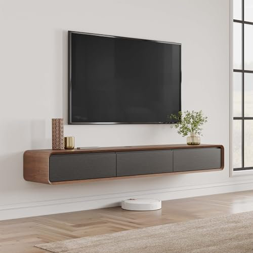 POVISON Floating TV Stand, 63 inch Walnut and Black Modern TV Stand with 3 Drawers, Solid Wood Floating Entertainment Center, Minimalist TV Stand