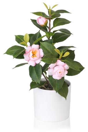 Tuocal künstliche Pflanze im Topf 28cm Faux Kamelie Grün Kunstpflanzen Fake Getopft Kleinen Bonsai Pflanze für Home Office Wohnzimmer Regal Schreibtisch Dekoration, Rosa