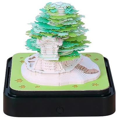 3D kalender Abreißen 2025, Schreibtischkalender mit Lichtern, 3D Memo Pad Papier Kunst Sakura Baum Kreative 3D Notizblock Papier Schnitzen Geschenk Desktop Dekoration (Grünes Baumhaus)