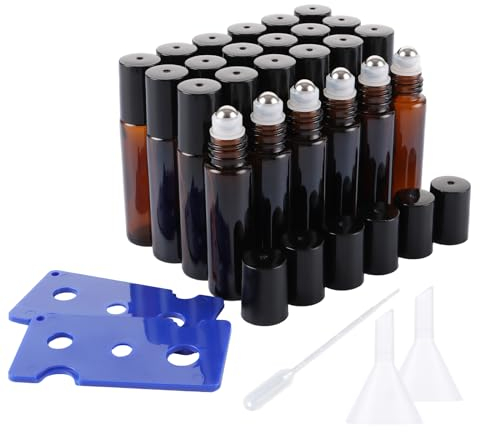 WOPPLXY Lot de 24 Roll On Vide, 10ml Flacon Roll On Vide avec Rouleau en Acier Inoxydable, Ouvre-Bouteille, Entonnoir, Pipettes, Roll On Huile Essentielle Vide en Verre pour Parfums, Massage, Voyage