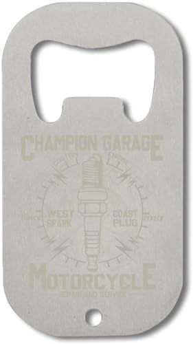 Champion Garage Motorrad Reparatur und Service Edelstahl Flaschenöffner Silber