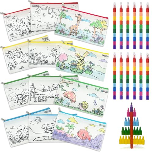 ICEPAPA, 12 Federmäppchen zum Bemalen für Kinder und 12 Wachsmalstifte Stapelbar (10 Farben in 1), Perfekt für Kleine Geschenke für Kinder, Gastgeschenk Kindergeburtstag, Gastgeschenke Hochzeit