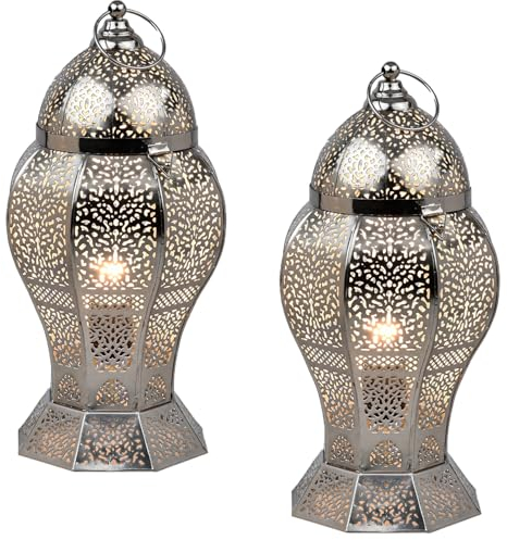 Marrakesch 2er Set Orientalische Deko Tischlampe Nachttischlampe 40cm groß | Boho Tischleuchte Lampe im Wohnzimmer Schlafzimmer & Kinderzimmer | Tischleuchte Jaleel silber aus Metall E27 Lampenfassung