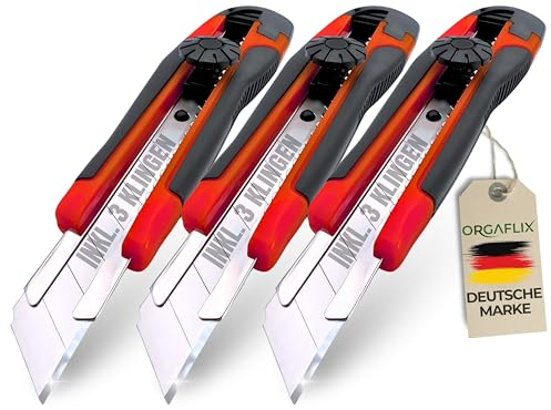 ORGAFLIX Profi Cuttermesser Set 18mm [3 Stück] Teppichmesser mit Klingenarretierung - inkl. 3 Klingen - Cuttermesser klingen, Universalmesser, Mehrzweck-Messer, Allzweckmesser, Kartonmesser