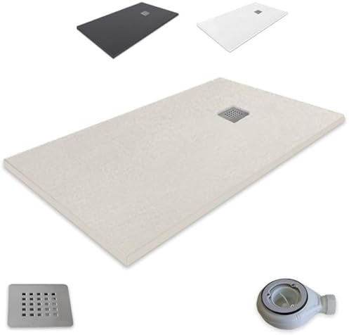 Plato de Ducha Antideslizante 70x70cm - Resina Resistente a Agentes Químicos - Antibacteriano - Incluye Rejilla Desagüe Ducha y Válvula Sifón Plato Ducha - Color Beige