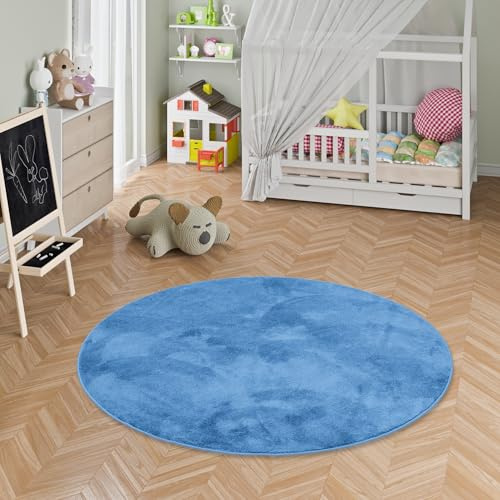 Pergamon Kinderteppich Melia Kids Rund blau - Weicher Teppich für Kinderzimmer, erhältlich in vielen Farben und Größen - Ideal als Spielteppich für Babyzimmer