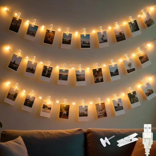slochi Guirlande lumineuse à 120 LED avec pinces à photo, alimentation USB, 60 clips à l'intérieur, fil de cuivre à brancher pour cadres photo, décoration pour chambre à coucher, fête de mariage, Noël