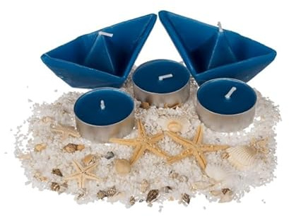 Set Maritim mit Schwimmkerzen Boot Schiff blau-weiß Teelichter - Sand und Muscheln in Geschenkverpackung - Farbe wählbar (blau)