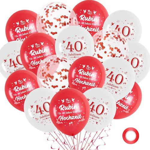 40 Hochzeitstag Rubin Hochzeit Deko Luftballons - 36 Stück Rubinhochzeit Dekoration Ballons, Rot Weiße 40. Jubiläum Deko Latexballons Konfettiballons für Garten Hochzeit Frauen Männer