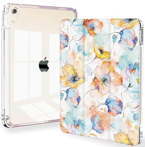 Feams Slim Case for iPad Air 11-inch M3 2025 / M2 2024, iPad Air 5th Generation 2022 / iPad Air 4th Generation 2020 10.9 Inch Case Clear Back with Pencil Holder & Auto Sleep, Watercolor Flower