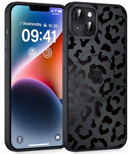 Xylota Magnetische Handyhülle für iPhone 14/iPhone 13 6,1 Hülle, Aesthetic Leopard Muster Mädchen Case Kompatibel mit MagSafe, Transluzente Matte PC Dünn TPU Bumper Stoßfest Schutzhülle Cover,Schwarz
