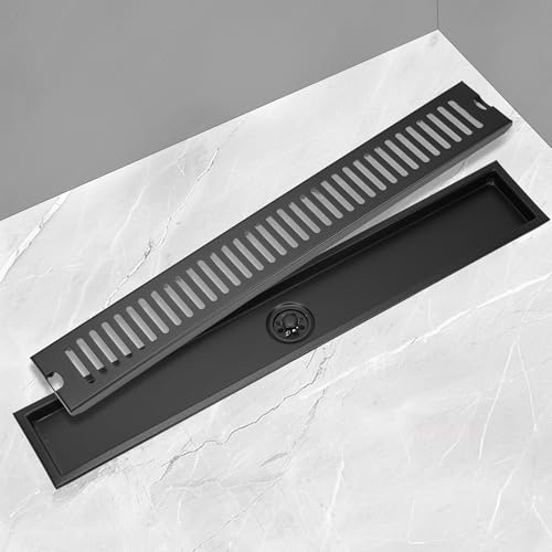 tonchean Linear Shower Drain 60cm/24'' Stainless Steel Bathroom Floor Drain | Invisible Long Linear Drain with Hair Strainer for Bathroom Washroom Kitchen Black
