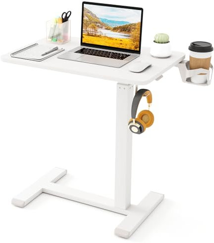 COSTWAY Escritorio Elevable 60X40cm, Mesa Auxiliar con Ruedas Ocultas, Ajustable en Altura, Soporte para Vaso y Gancho para Auriculares, Mesa Cama Salon Sofa Dormitorio (Blanco)