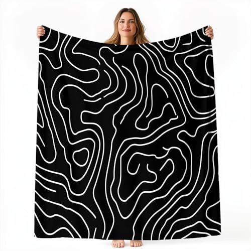 Flanelldecke Kuscheldecke 150x200 cm, Einfach Linie Stil Super Weiche Wohndecke Warm Flauschige Bedruckt Decke TV-Decke Mikrofaserdecke Schwarz Sofadecke oder Tagesdecke