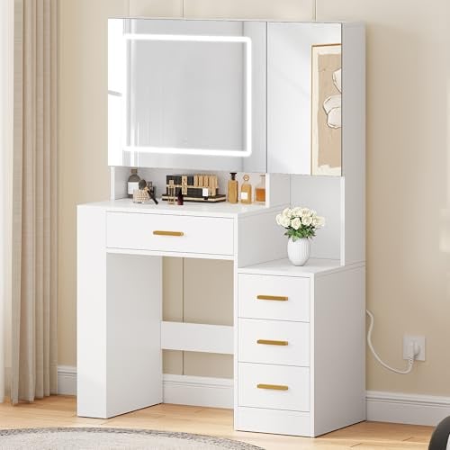 Schminktisch mit Beleuchtung,Stoffschubladen Frisiertisch mit Spiegel Schubladen Einstellbarer Helligkeit,Schminktische mit Türen, Make up Tisch mit Schmuckablage Verstellbaren Ablagen,Holzfarbe