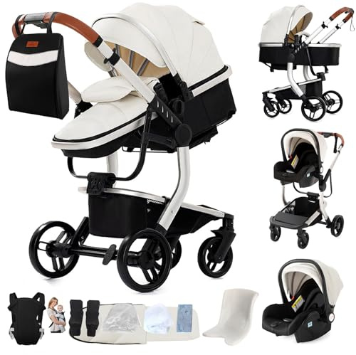Veitoalioy PU-Leder Kinderwagen 3 in 1, Bequemer Multifunktionaler Kombikinderwagen 3 in 1 Komplettset, Aluminium Hohe Landschaft Babywagen, Faltbarer Kinderwagen Set (L518 White)