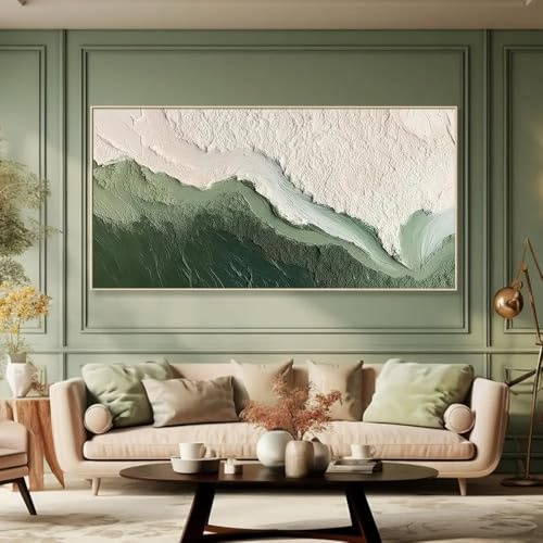 DAMAIART Impression sur toile représentant une vague de l'océan, une texture verte, une peinture murale Wabi-Sabi, une décoration abstraite de grande taille (70 x 140 cm, sans cadre)