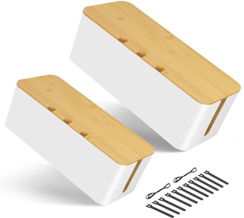 Cable Tidy Box 2 Pack Larger Desk Wire Organizer Box Cable Management Box Hiding Messy Cable Surface Wiring Power Strip Cord Management Storage Tray with Lid Lead Cover Box Large, Medium, Small -White
