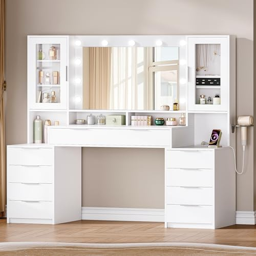 Hzuaneri 150 cm Große Schminktisch mit LED-Beleuchtung, Weiß-Silber | Schminktisch mit Spiegel und Steckdosenleiste, Dreifarbiger Lichteinstellung, 10 Schubladen, Schmuckaufbewahrung, DT43703XEU