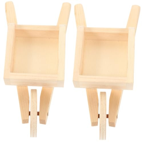 Veemoon 2pcs Mini Wooden Wheelbarrows Models for Dollhouse, Miniature Cart Barrows for Garden Scene Decoration, Natural Wood Color Mini Barrows Accessories