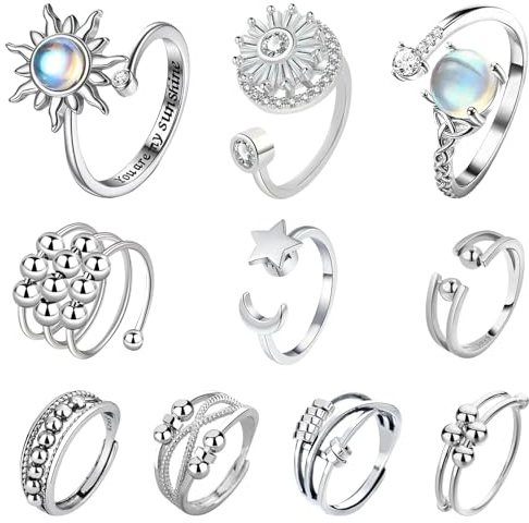 MLPKOI 10 Stück Fidget Ring Mädchen, Verstellbar Anti Stress Rings, Anxiety Ring Spinner Ringe Damen Fidget Rings Set, Einstellbar Offen Spinner, für MäDchen Herren Geburtstags-Party-Geschenke
