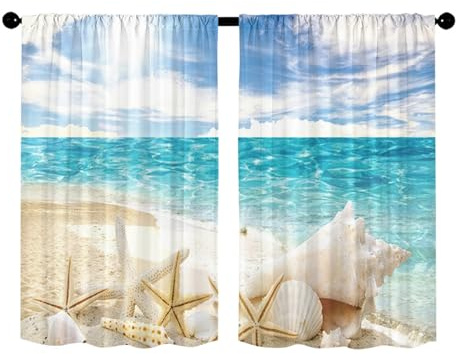 Surwin 2er Set Bistrogardine Coffee Break Scheibengardine Küchengardine mit Strand-Muschelmuster, Kurzgardine Wohnzimmer Càfe Gardinen Moderne Kurz Vorhang (Blaues Meer,140x145cm)
