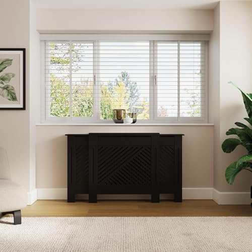 GFW Kobe Adjustable Radiator Cover, Black Extendable Radiator Cabinet with Diagonal Slatted Design