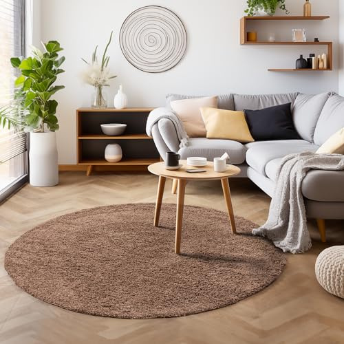 SIMPEX Shaggy Hochflor Teppich, 120 cm Rund, Mokka, weich, flauschig, modern, einfarbig, Ideal unter Beistelltisch oder im Flur, für Wohnzimmer Schlafzimmer Flur
