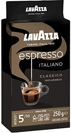Lavazza Espresso Italiano Classico Café Moulu Idéal pour Moka Machine à Café Automatique, Cafetière Filtre, avec Notes Florales et Fruitées100% Arabica Intensité5 Torréfaction Légère, 250 g - Lot de 8