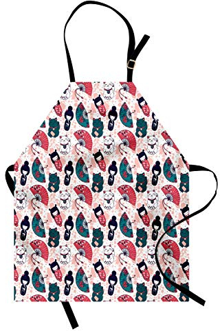 ABAKUHAUS japanische Katze Kochschürze, Asiatische Artikel Maneki Neko Geisha Asian Fan Doodles, Höhenverstellbar Klare Farben ohne verblassen, Jadegrün Rosa