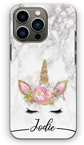 Personalised Initials Phone Case For Apple iPhones, 16, 15, 14,13, 12, 11, Pro Max, Mini, XR, SE Black Name and Unicorn on Grey Marble Hard Phone Cover, Unicorn Case