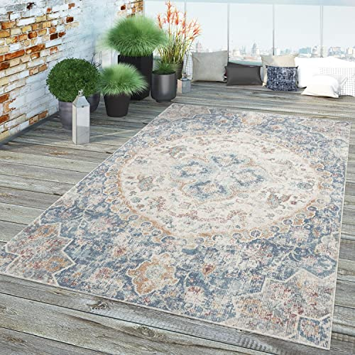 TT Home In-& Outdoor Teppich Küche Wohnzimmer Wetterfest Balkon Vintage Design Abstrakt, Farbe: Blau, Größe:160x230 cm