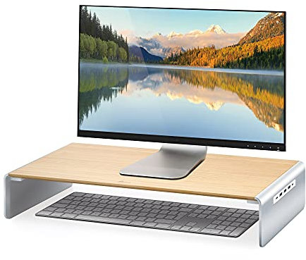 j5Create Monitorständer aus Holz mit eingebauter 8-in-1-Dockingstation – USB-C, 4K HDMI, 6-Port-USB-Hub mit Stromversorgung