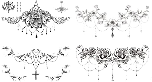 Lot de 4 feuilles de tatouages pour poitrine - Bois de cerf - Roses - Fleurs - Oiseaux BC4