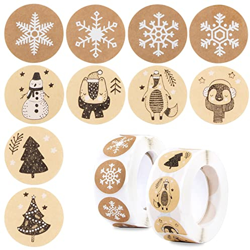 1000pcs 2 rouleaux Autocollants Merry Christmas Etiquette Gommette Stickers Forme Flocons de Neige Arbre de Noël Bonhomme de Neige Adhésif Emballage Décoration pour Fête Noël Carte Enveloppe