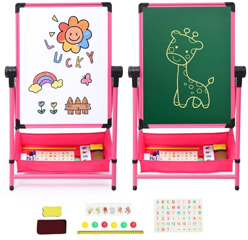 Kids Art Easel Double Sided Iron Easel Whiteboard Chalkboard 26inch-43inch Height Adjustable 360° Rotating Easel Standing Drawing Board with Bonus Letters and Numbers(Pink)