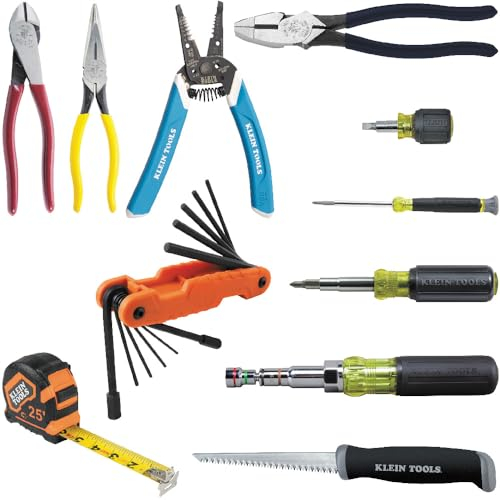 Klein Tools 80089 Multi-Bit-Treiber und Zangen-Set, mit Abisolierzange, Maßband und Zubehör für Baustellenbedürfnisse, 11-teilig