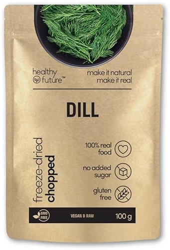 Healthy Future Freeze Dried Dill Lyophilised Chopped Herbs Not Irradiated 100% Natural Vegan Kosher Snack Free from Gluten Sulphur Preservatives GMO No Added Sugar 25g
