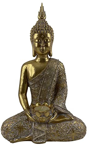 Dekorative Figur Gold Harz Buddha mit Kerzenhalter, Ornament Orientalische Statue für Meditation und Achtsamkeit, Kerzenständer für Teelichter, Zen Dekoration, Tischdeko, 38 cm