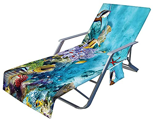 Morbuy Liegestuhl Handtuch mit Taschen, Blau Ozean Drucken Strandtuch für Liegen Strandliegen Handtuch Handtücher für Strandliegen Mikrofaser Leicht Strandtuch mit Kapuze (Wasser blau)