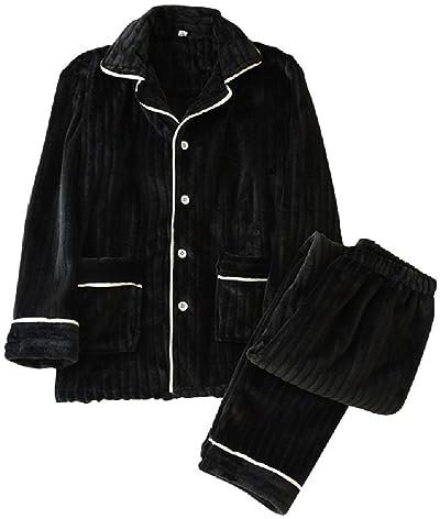 Pigiama da donna morbido e caldo in pile corallo Set a maniche lunghe con bottoni e pantaloni PJ Set di pigiama per coppie invernali Set pigiama per coppie adulti abbinati, Nero , M