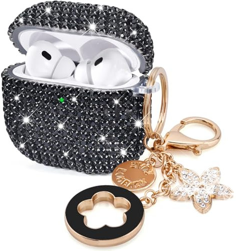 VISOOM Bling Airpods Pro 2. Generation Hülle – AirPods Pro 2 Schutzhülle mit Umhängeband für Damen 2024 Crystal iPod Pro 2 Wireless Charging Case Girl Keychain für Apple Airpod Gen Pro 2 (Schwarz)