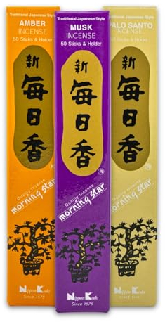 Nippon Kodo Morning Star Japanische Räucherstäbchen Set mit Halter | 3x50 Sticks (Palo Santo, Amber, Moschus) | Natürliche Düfte für Meditation und Yoga