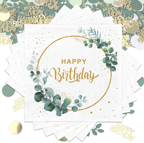Goldenland 40 Stück Servietten Geburtstag Eukalyptus Grün, Servietten Happy Birthday mit 100pcs Geburtstag Konfetti, Geburtstag Deko Papierservietten Tischdeko für Junge Mädchen Party O