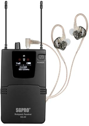 SGPRO Kabelloses IEM-System – Metallsender, ausziehbarer Bodypack-Empfänger mit Kopfhörern, 85 einstellbare Frequenzen, 79,9 m Betrieb für Bands, Studio & Events (SG-40B)