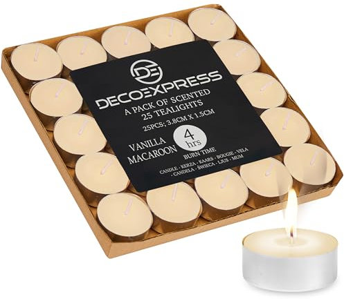 DECO EXPRESS Teelichter Großpackung, 24, 25, 50, 100 oder 200 Teelichter Lange Brenndauer 4, 8 oder 10 Stunden (Vanille-Macaron 25/4 Stunden)