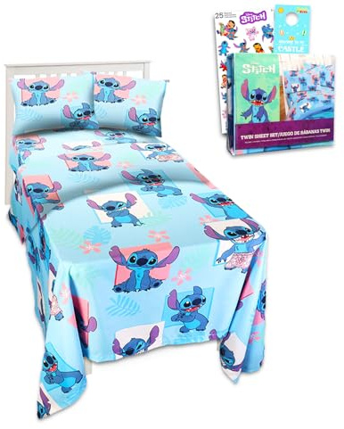 Stitch Bettwäsche-Set für Kleinkinder – Lilo and Stitch Twin Bettwäsche-Set enthält Bettlaken mit Bettlaken, Spannbetttuch und Kissenbezug für Doppelbett plus Aufkleber | Stitch Schlafzimmer Dekor