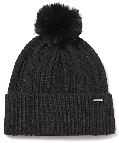DKNY Damen Logo Bar Faux Fur Pom Cable Knit Hat Beanie-Mütze