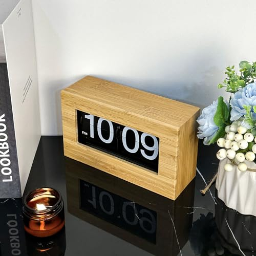 Flip-Schreibtischuhr, Retro-Flip-Schreibtisch-Tischuhr, Flip-Down-Uhr, Retro-Flip-Down-Uhr mit Großen Zahlen, Holz-Auto-Flip-Tischuhr (schwarzer Hintergrund)